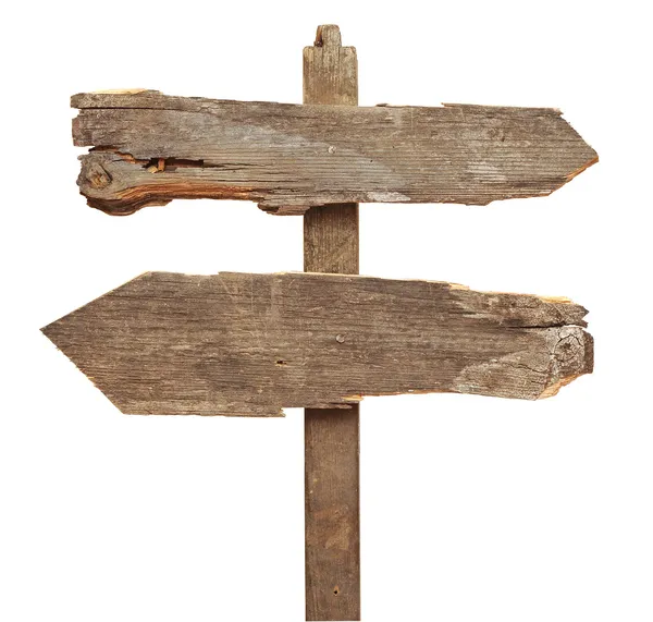 Старые деревянные стрелки дорожный знак изолирован на белом — стоковое фото