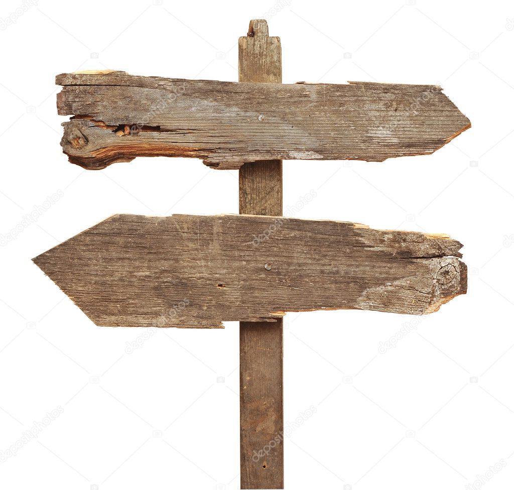 Old wooden arrows road sign isolated on white