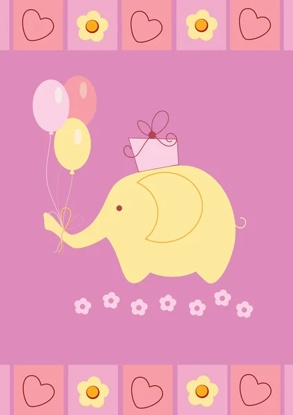 Baby Dusch-kort med söt elefant, presentförpackning och färgglad boll — Stock vektor
