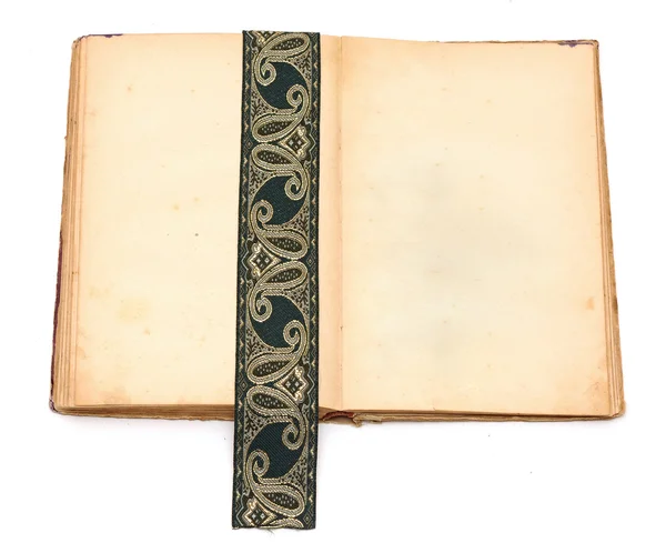 Üres nyitott könyv, antik szalag fehér háttér — Stock Fotó