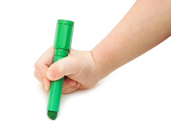 Kind trekt foto door groene kleur potlood — Stockfoto