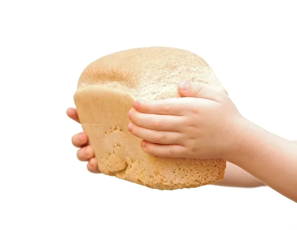 Hogaza de pan en niños entrega fondo blanco —  Fotos de Stock