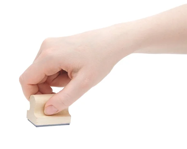 Hand mit Stempel - Kopierraum im Ausdruck, isoliert auf weißem Rücken — Stockfoto