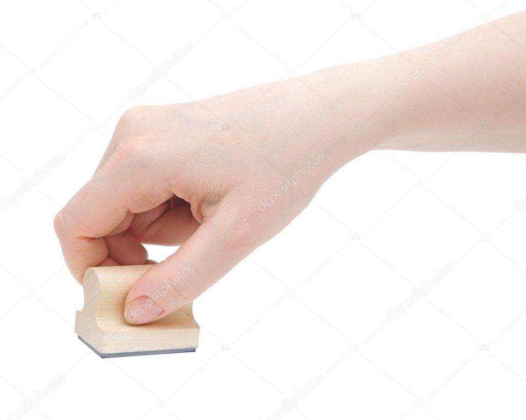 hand with stamp copy space in printout isolated on white back