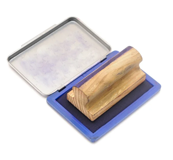 Carimbo de borracha antigo com almofada de tinta azul aberta isolada — Fotografia de Stock