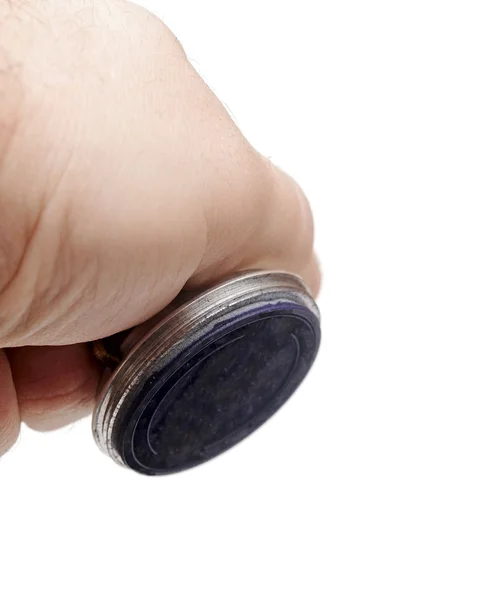 Mão com carimbo de borracha - isolado em branco — Fotografia de Stock
