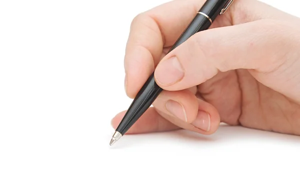 Penna nella mano dell'uomo isolato su sfondo bianco — Foto Stock
