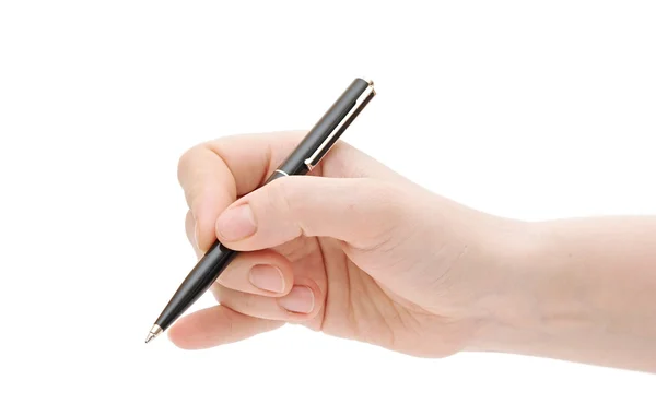 Penna i mannens hand isolerad på vit bakgrund Stockbild