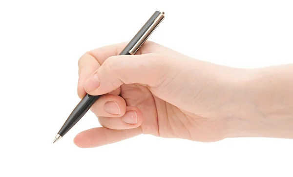 Pen in de hand geïsoleerd op witte achtergrond Stockfoto