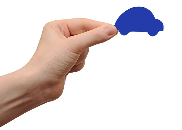 Kadın beyaz zemin üzerine izole mavi araba tutan eller — Stok fotoğraf