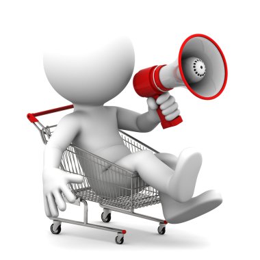 Person ith megaphone inside shopping cart clipart