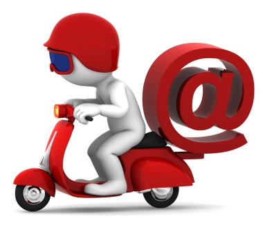 Person on scooter wit e-mail symbol. E-mail delivery concept clipart
