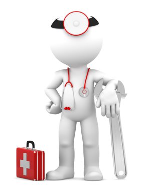Medic with adjustable wrench. Repair concept clipart