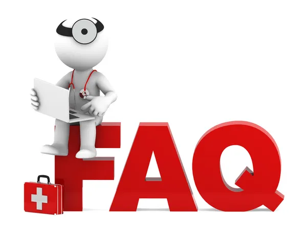 Médico sentado no sinal de FAQ. Conceito de perguntas frequentes — Fotografia de Stock