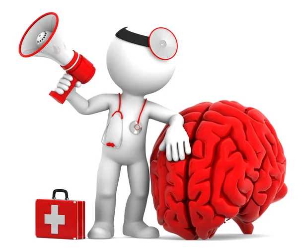 Médico con megáfono y gran cerebro rojo — Foto de Stock