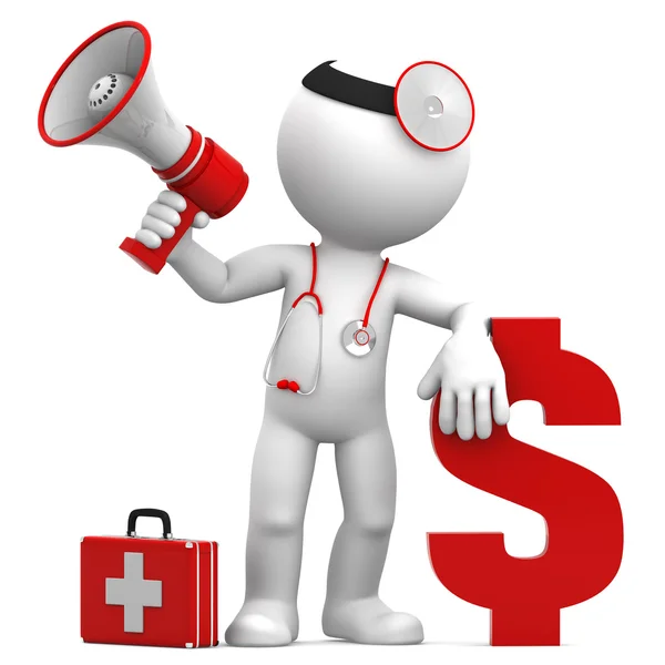 Doctor with megaphone and Dollar currency sign — Stock Photo, Image