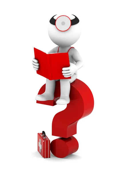Medik s sittting knihy na otazník červený — Stock fotografie