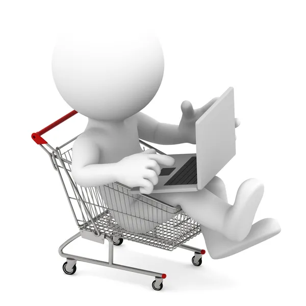 Alışveriş sepeti içinde laptop olan adam. Online alışveriş kavramı — Stok fotoğraf