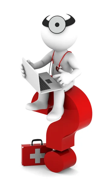 Medic with laptop sittting on red question mark — Stock Photo, Image