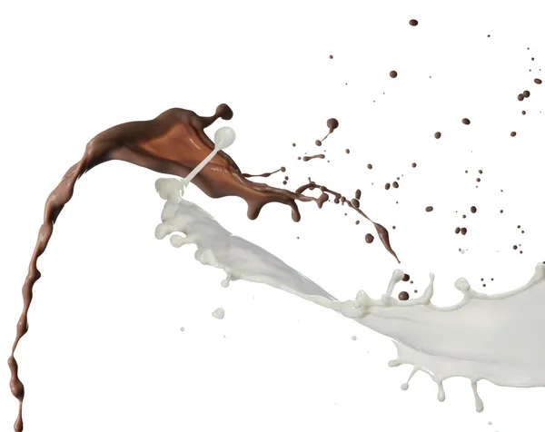Chocolat et éclaboussure de lait sur fond blanc — Photo