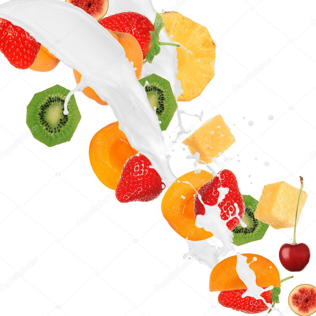 Fresh fruits in cream splash