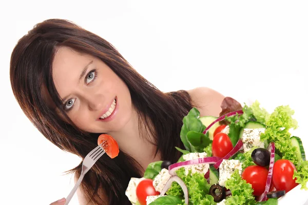 Jovem Morena Mulher com salada — Fotografia de Stock
