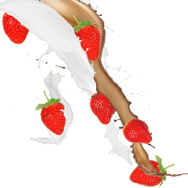Strawberries in cream splash — Stock Photo, Image
