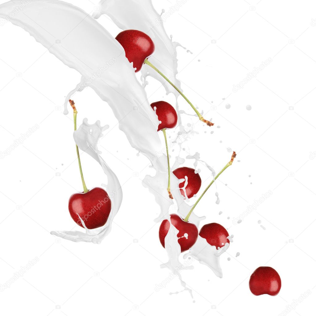 Fresh cherries in milk splash