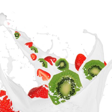 Strawberries with kiwi in milk splash clipart