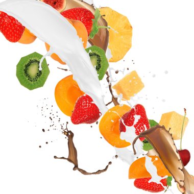 Fresh fruits in chocolate and mill splash clipart