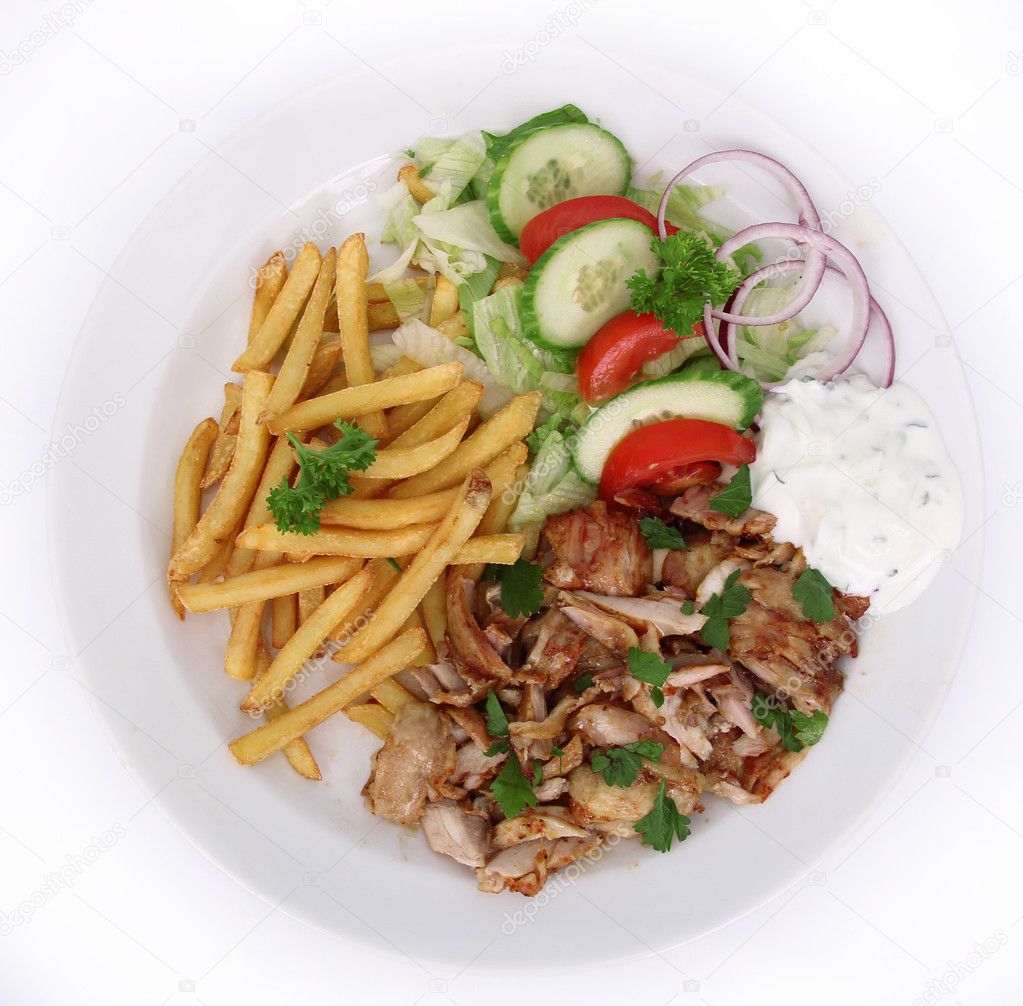 Gyros with french fries and vegetable