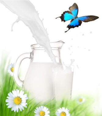 Fresh milk jug and glass with green meadow clipart