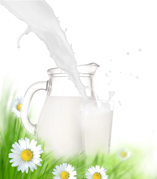 Brocca di latte e vetro sull'erba con fiori di camomilla su bianco — Foto Stock