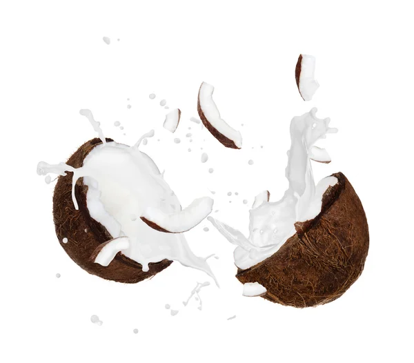 Kırık Hindistan cevizi sütü sıçrama ile — Stok fotoğraf