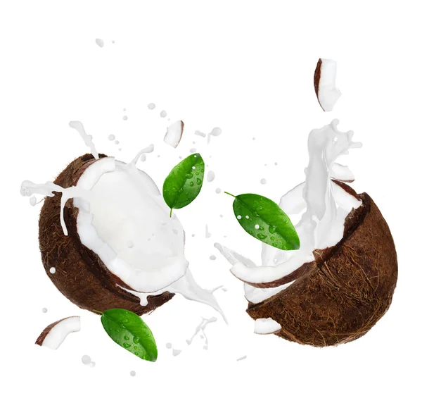 Knäckt kokos med mjölk splash — Stockfoto