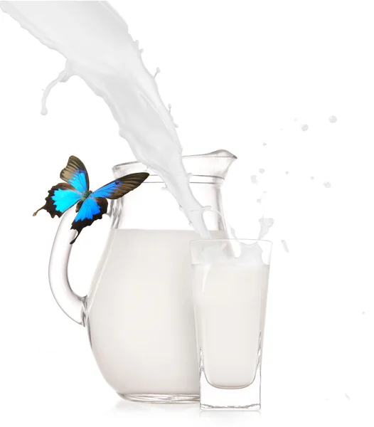 Jarra de leche y vaso con mariposa exótica —  Fotos de Stock