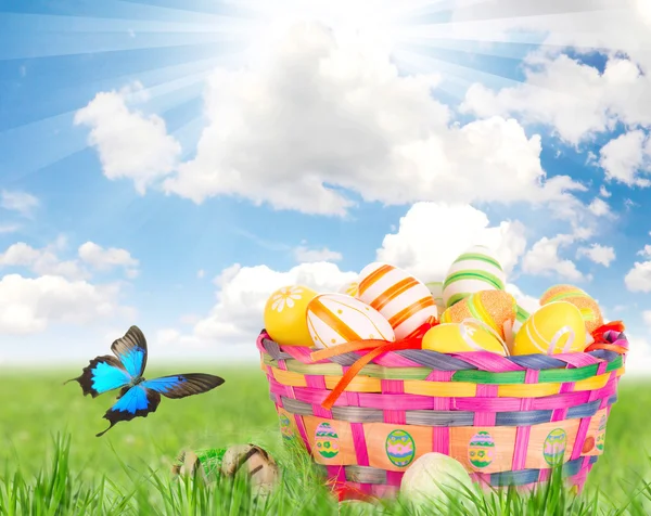 Coloridos huevos de Pascua pintados en cesta — Foto de Stock