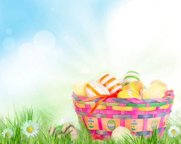 Colorful painted easter eggs in basket — Stock Photo, Image