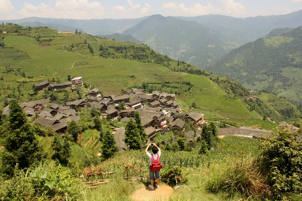 stock image Tourist in China, Rice Paddy Terraces, Pinjan