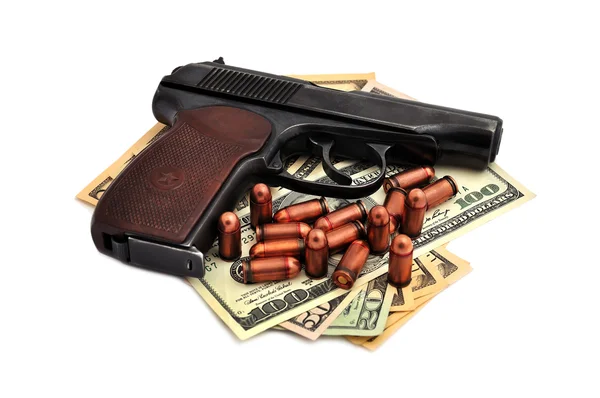 Pistole, kazety a dolary — Stock fotografie