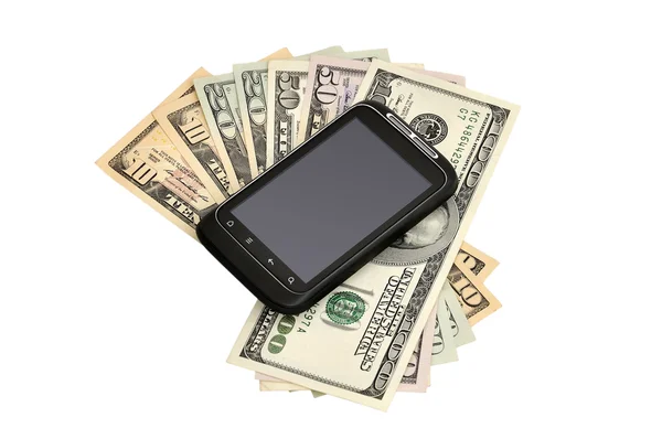 Téléphone mobile à écran tactile et dollars — Photo