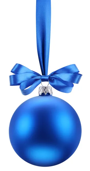 Christmas blue ball on the festive ribbon. — Stock Photo, Image