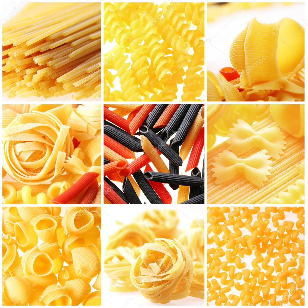 Photo of different kinds of italian pasta. Food collage.