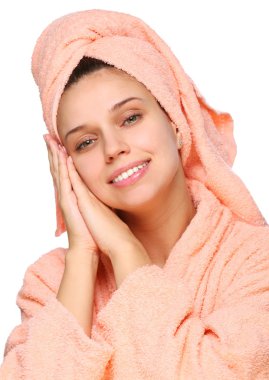 Young woman drys hairs with towel clipart