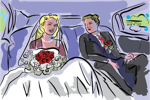 Arabanın içine Düğün çifti — Stok Vektör