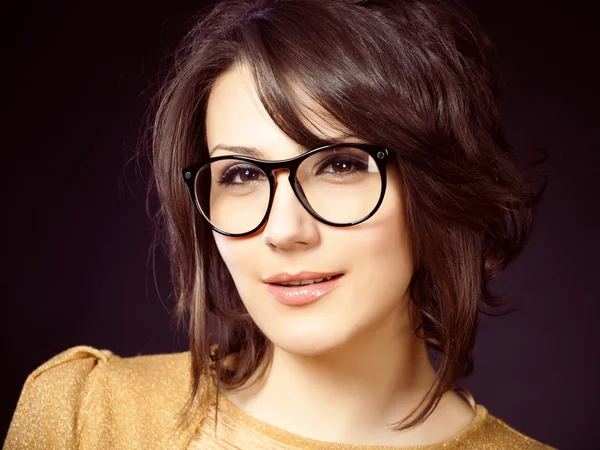 Beautiful and fashion girl in glasses, close-up portrait, studio shot — Stock Photo, Image