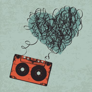 Vintage audiocassette illustration with heart shaped messy tape. clipart