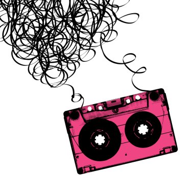 Audiocassette tape with tangled. Vector illustration. clipart