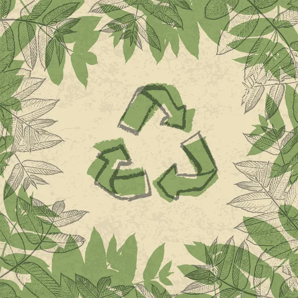 Símbolo de reciclaje, impreso en papel de reutilización. En marco de hojas. Vect. — Archivo Imágenes Vectoriales