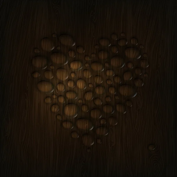 Gotas de agua en forma de corazón sobre una textura de madera. — Vector de stock
